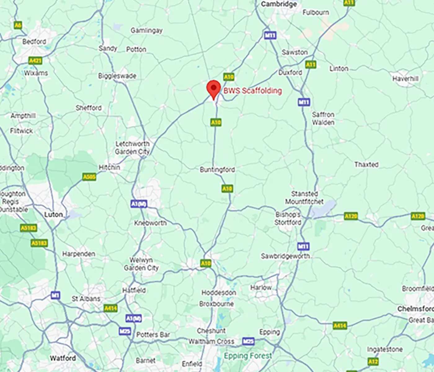 Map of BWS Scaffolding links to Google Maps